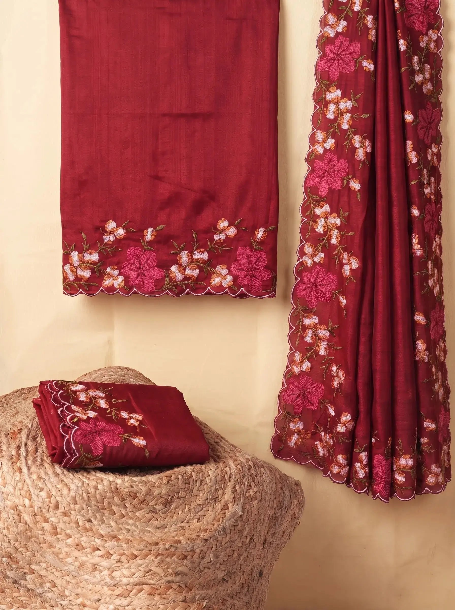 Maroon Floral Embroidered Silk Saree - Embroidery Detail - Kalyanja KS163